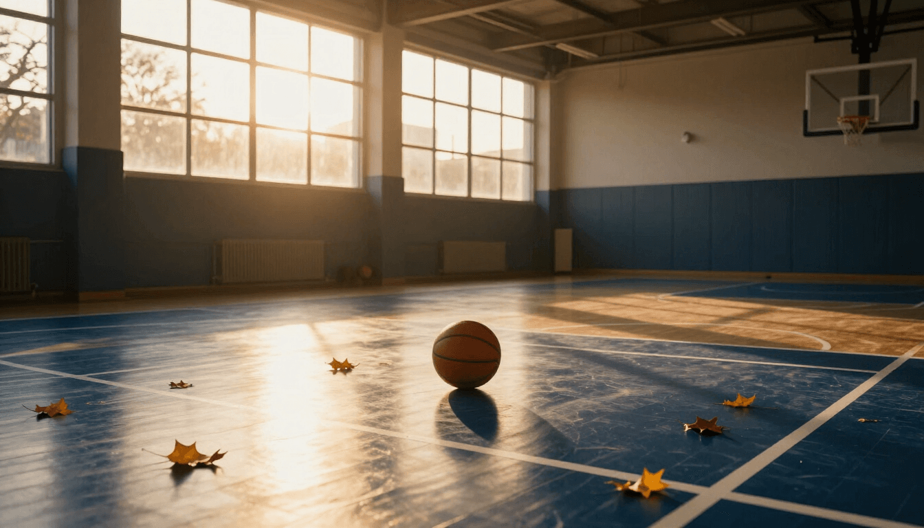 Golden-hour basketball gym with autumn leaves on a navy court and a basketball at center court