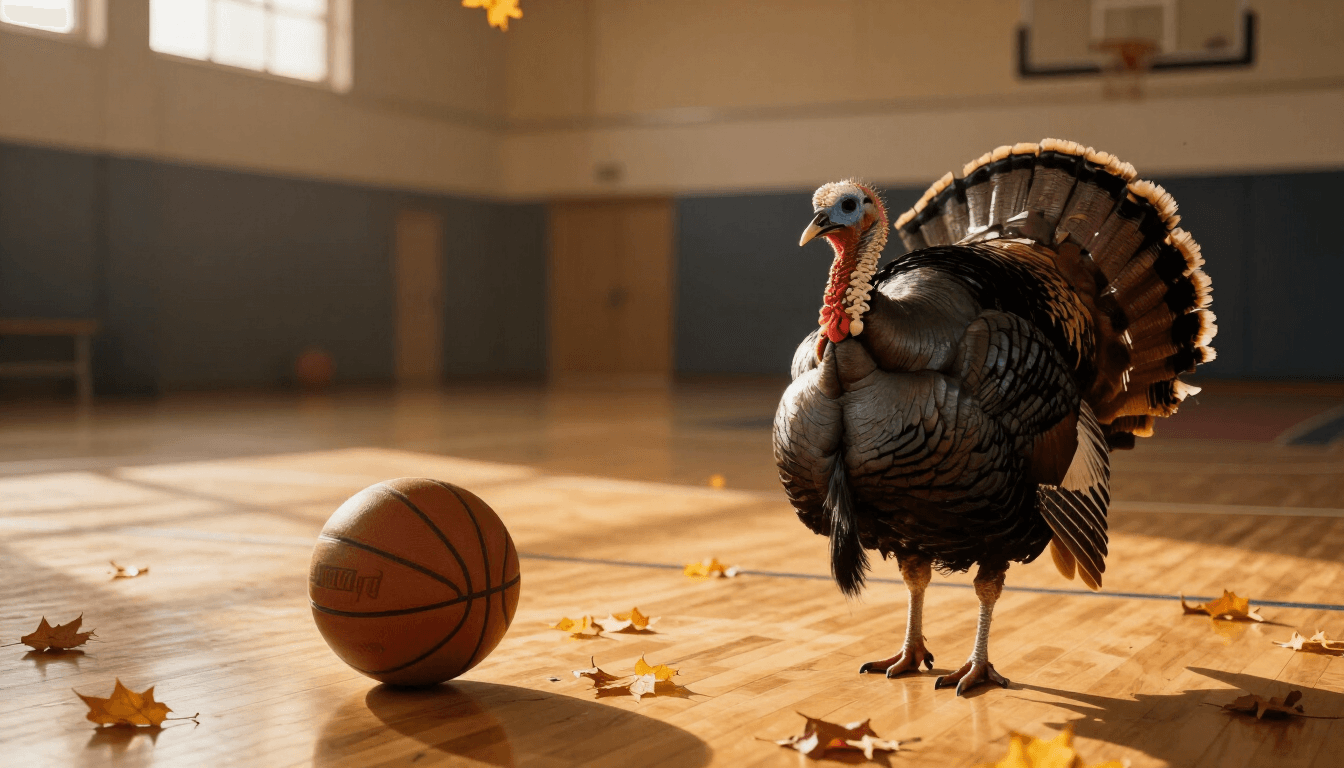 Harvest-lit basketball gym with autumn leaves and a wild turkey standing on the hardwood next to a basketball