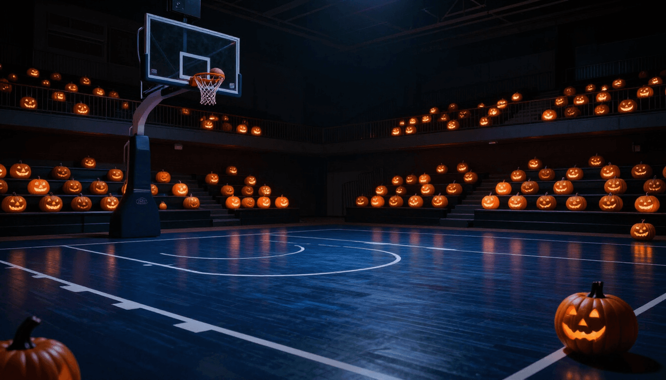 Cinematic night basketball gym with carved pumpkins and orange lanterns filling the bleachers